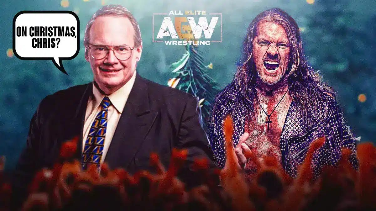 Jim Cornette with a text bubble reading “On Christmas, Chris?” next to Chris Jericho with a Christmas tree in the background with the AEW logo as the star on top.