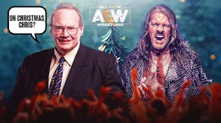 Jim Cornette with a text bubble reading “On Christmas, Chris?” next to Chris Jericho with a Christmas tree in the background with the AEW logo as the star on top.