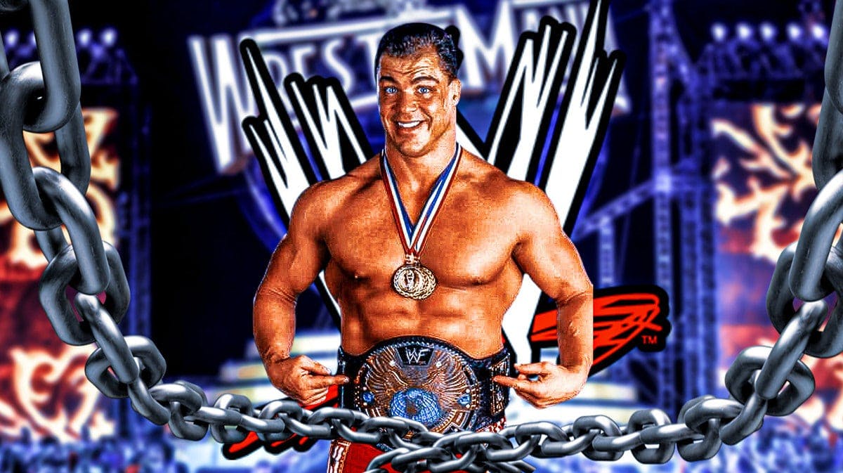 Kurt Angle holding the WWF Championship with the WWE logo as the background.