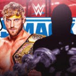 Logan Paul with the WWE United States Championship and a text bubble reading “Alright, here’s the plan” next to the blacked-out silhouette of Kevin Owens with the SmackDown logo as the background.