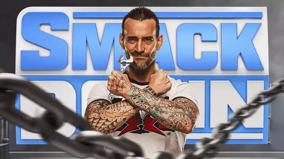 CM Punk holding a monkey wrench in front of the SmackDown logo.