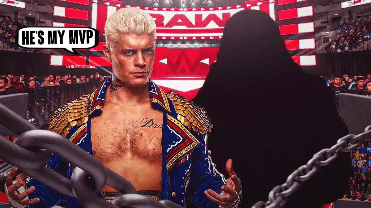 Cody Rhodes with a text bubble reading “He’s my MVP” next to the blacked out silhouette of Seth Rollins with the RAW logo as the background.