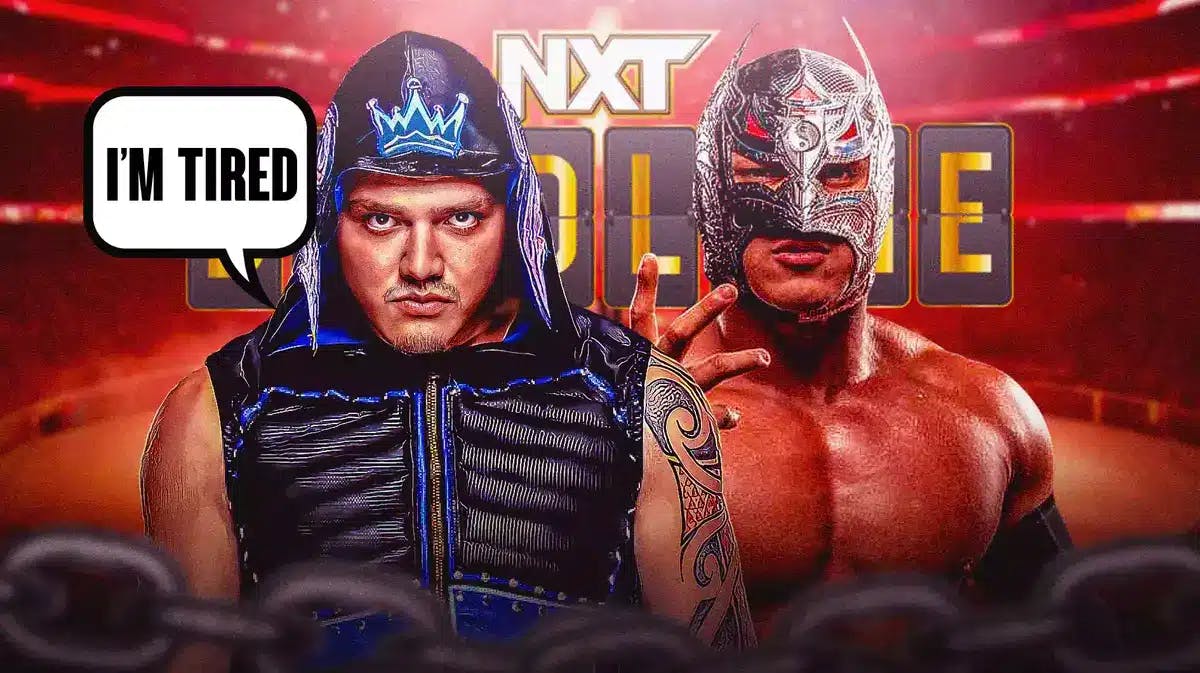 Dominik Mysterio with a text bubble reading “I’m tired” next to Dragon Lee with the NXT Deadl1ne logo as the background.