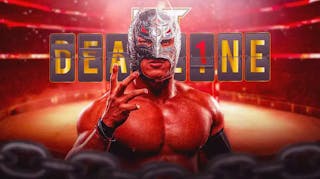 Dragon Lee in front of the 2023 NXT Deadl1ne logo.