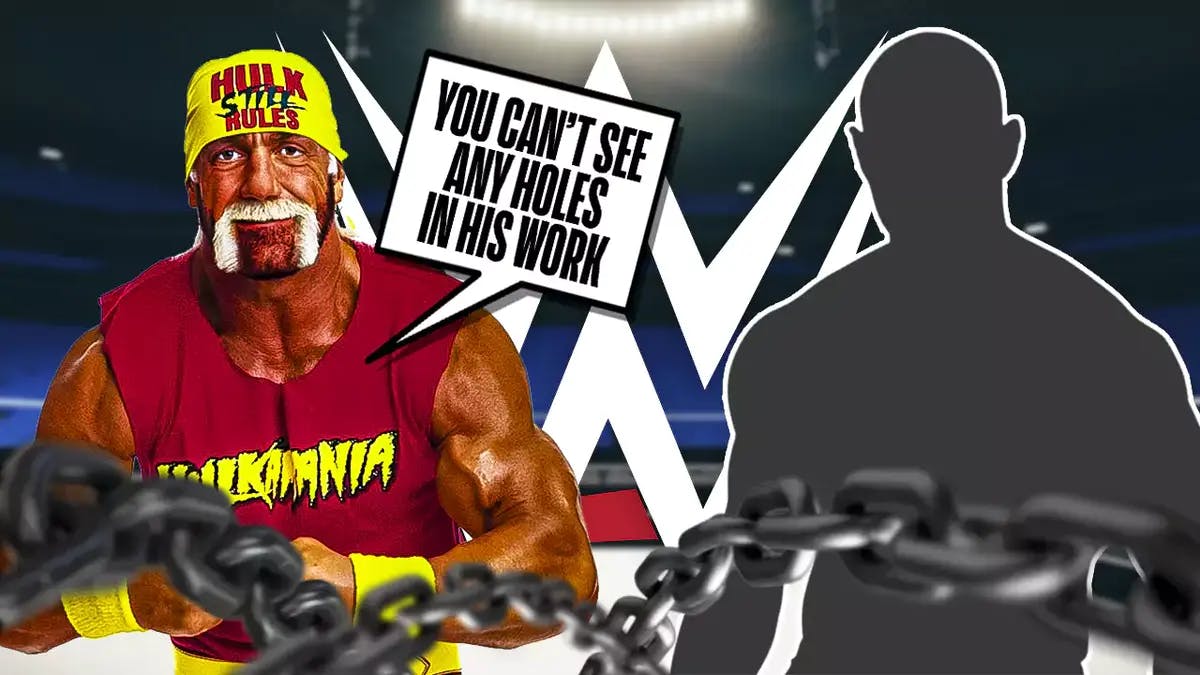 Hulk Hogan with a text bubble reading “You can’t see any holes in his work” next to the blacked-out silhouette of Randy Orton in a wrestling ring with the WWE logo as the background.