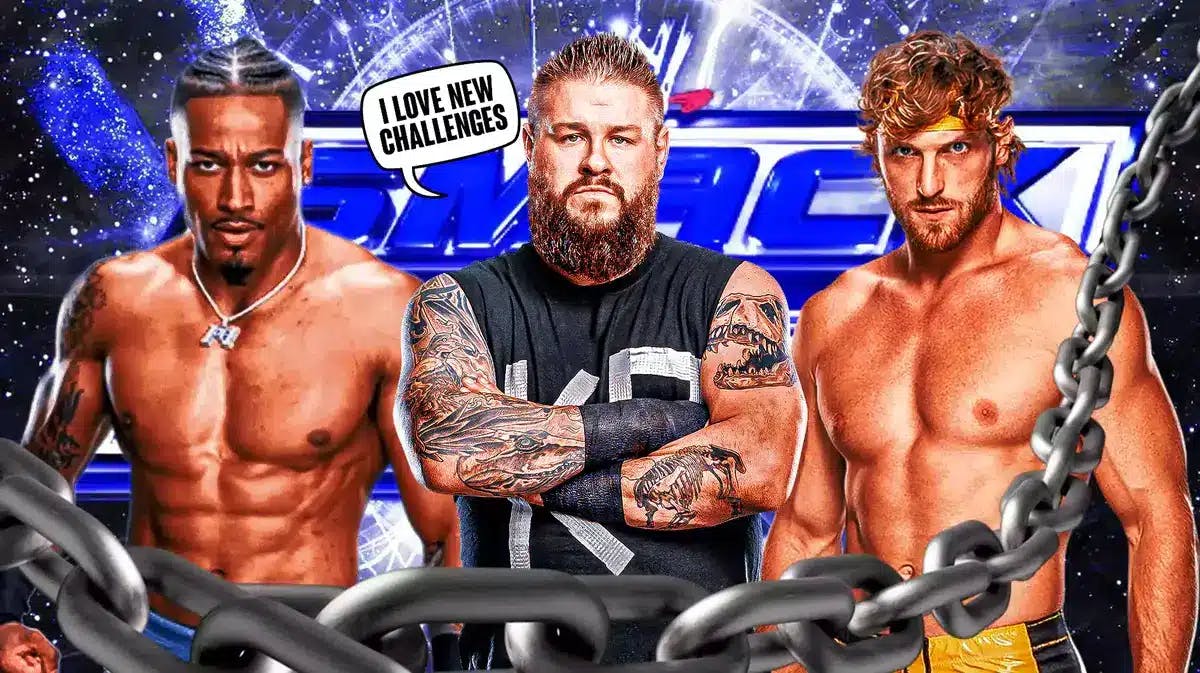 Kevin Owens with a text bubble reading “I love new challenges” with Logan Paul on his left, Carmelo Hayes on his right, and the SmackDown logo as the background.