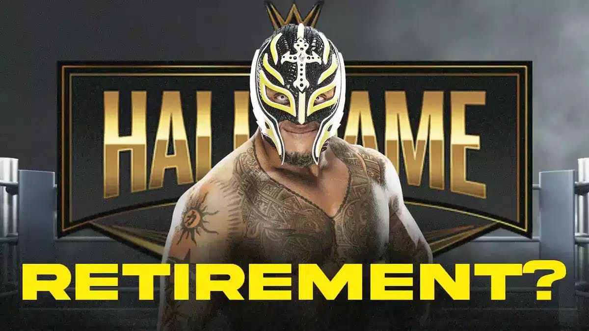 Rey Mysterio with a text bubble reading “Retirement?” with the WWE Hall of Fame logo as the background.