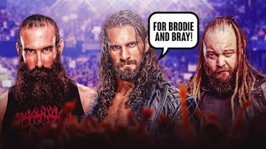Seth Rollins with a text bubble reading “For Brodie and Bray!” with Brodie Lee on his left and Bray Wyatt on his right with a wrestling crowd as the background.
