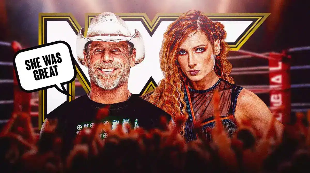 Shawn Michaels with a text bubble reading “She was great” next to Becky Lynch with the NXT logo as the background.