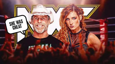 Shawn Michaels with a text bubble reading “She was great” next to Becky Lynch with the NXT logo as the background.