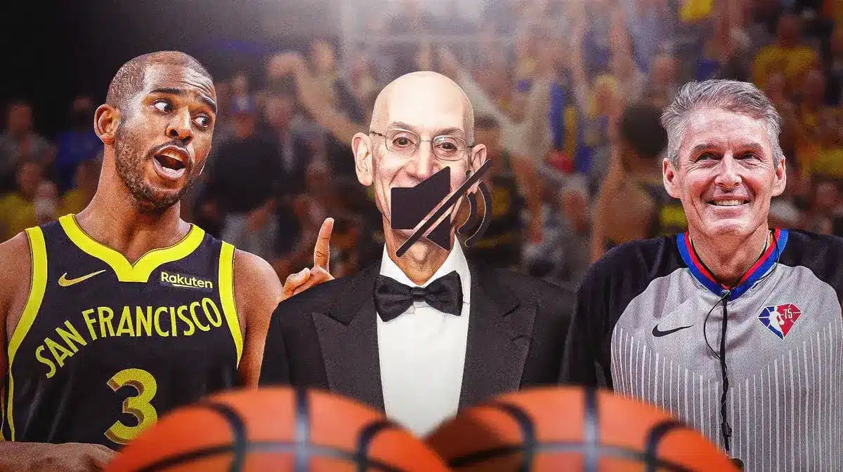 in the middle is Adam Silver with the mute logo on him, with Warriors' Chris Paul on the left looking angry, and Scott Foster on the right smiling