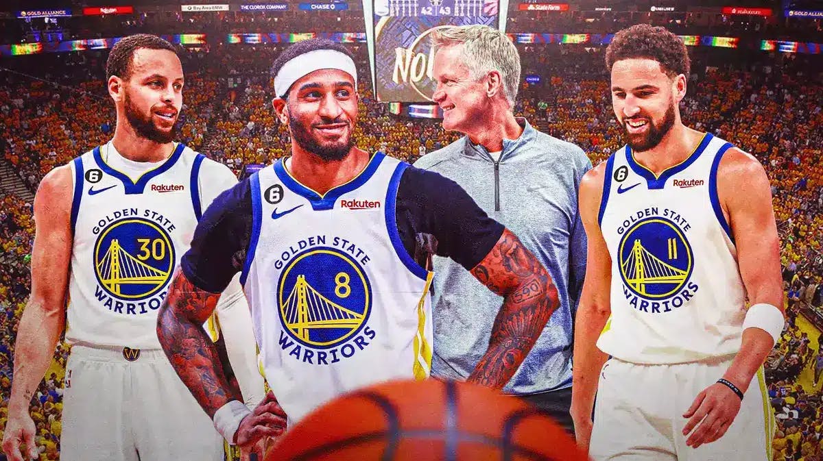 Photo: Gary Payton II in Warriors jersey smiling in action, Steph Curry, Klay Thompson, Steve Kerr looking pleased in background