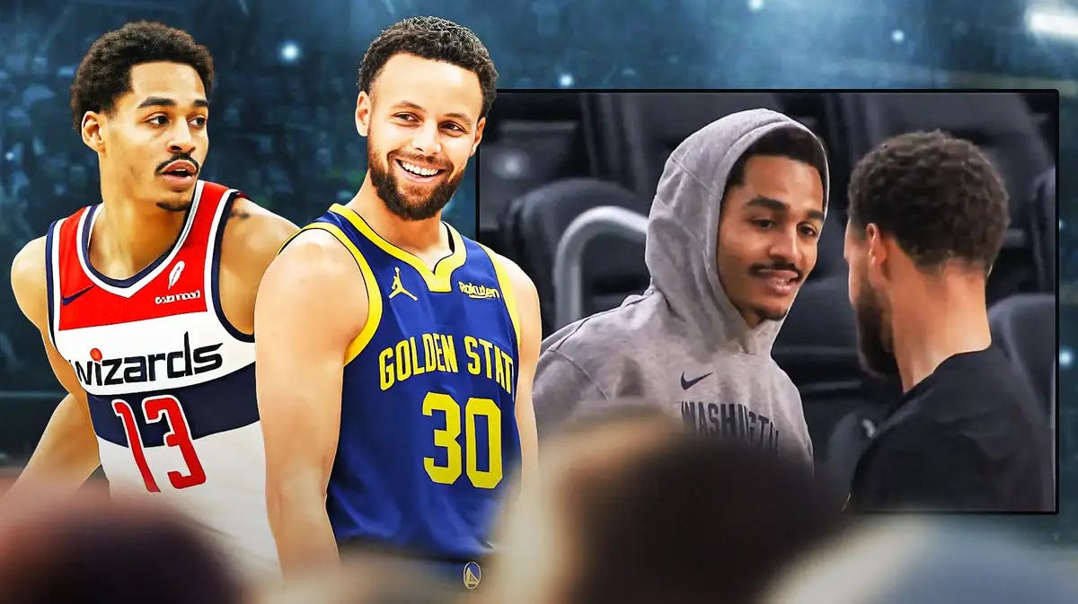 Photo: Steph Curry in Warriors jersey smiling at Jordan Poole in Wizards jersey, screenshot of tweet video below at 6-second mark