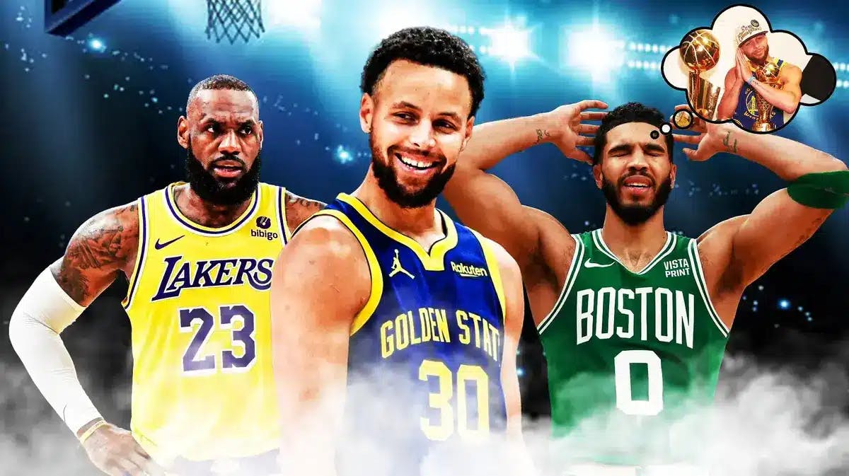 Lakers' LeBron James hyped up for Warriors' Stephen Curry who’s smiling, with Celtics' Jayson Tatum looking sad with a thought bubble containing picture of Curry night night from the 2022 NBA Finals