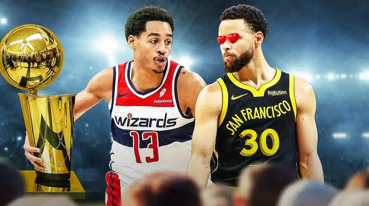 Warriors' Stephen Curry heart eyes towards Wizards' Jordan Poole, with a picture of Poole holding the 2022 NBA championship trophy