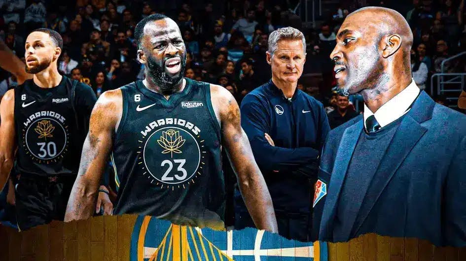Warriors' Draymond Green angry, with Stephen Curry and Steve Kerr beside Green with their mouths zipped up, with Kevin Garnett looking serious