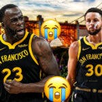 Stephen Curry and Draymond Green looking sad with several crying emoji in the background