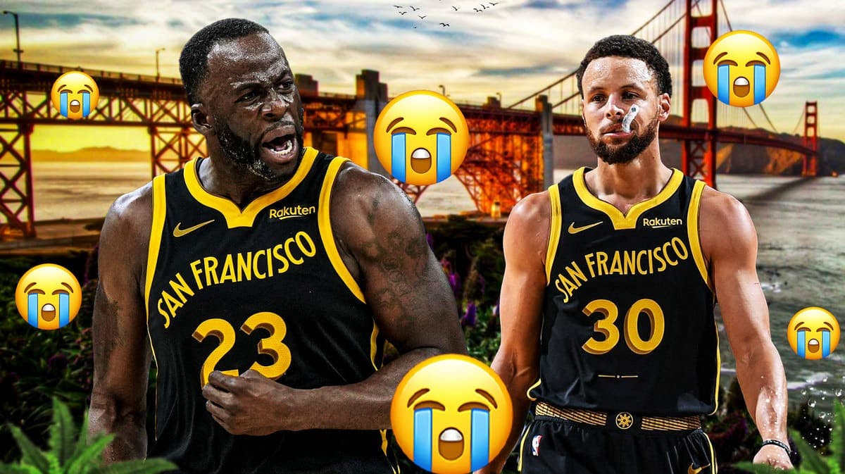 Stephen Curry and Draymond Green looking sad with several crying emoji in the background