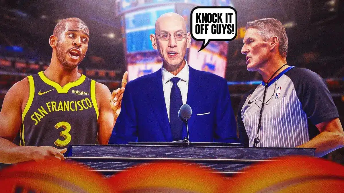 Chris Paul and Scott Foster arguing with Adam Silver saying "Knock it off guys"