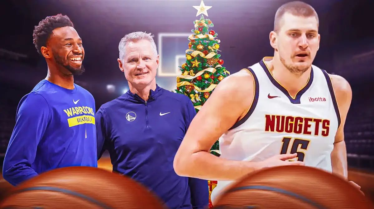 Andrew Wiggins and Steve Kerr next to Nikola Jokic and a Christmas tree