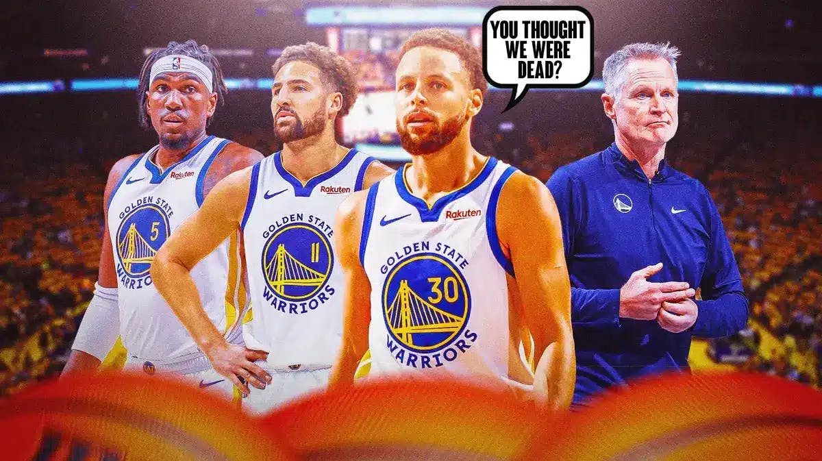 Steph Curry saying "You thought we were dead?" next to Steve Kerr, Klay Thompson and Kevon Looney