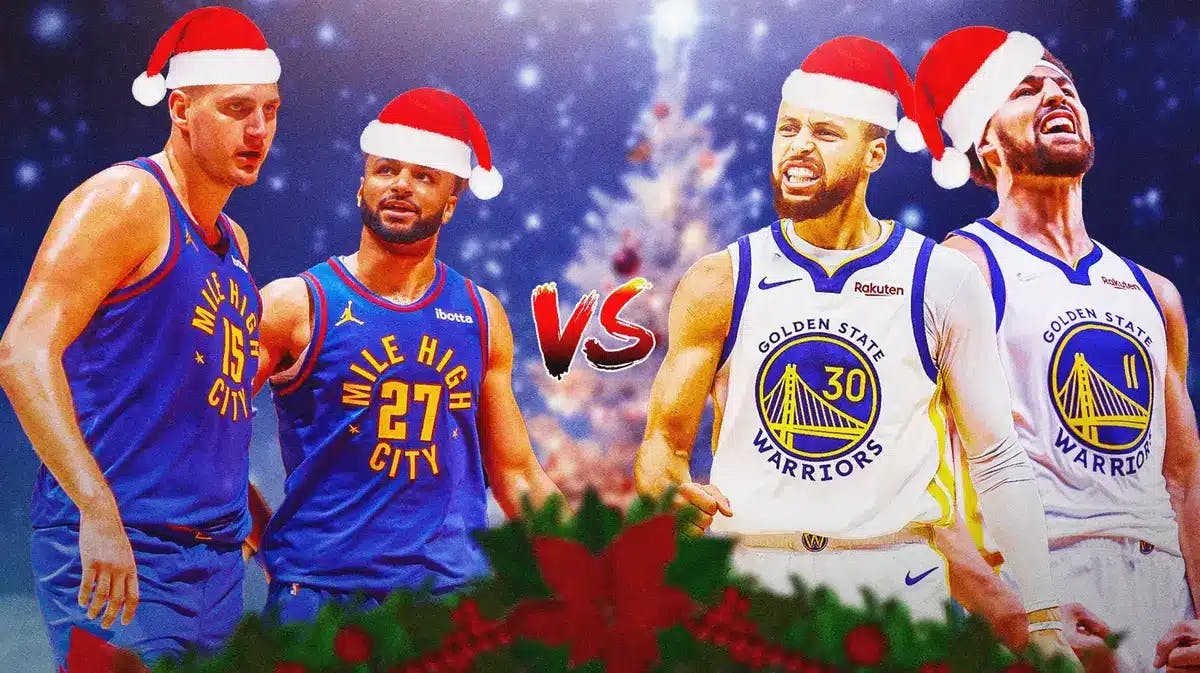 Nikola Jokic, Jamal Murray vs. Steph Curry, Klay Thompson. Everyone in Santa hats with snow/Christmas trees/presents in the background.