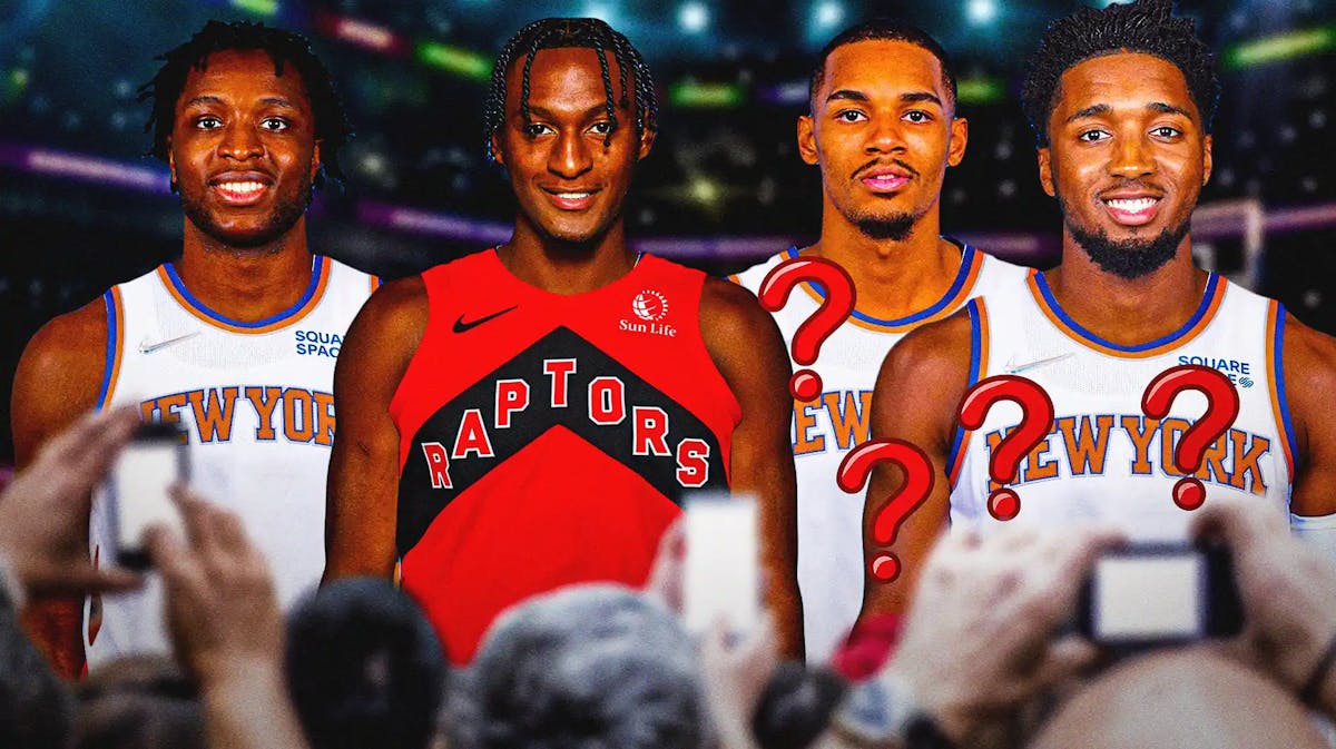 Knicks' OG Anunoby, Raptors' Immanuel Quickley, Donovan Mitchell and Dejounte Murray in Knicks jerseys with question marks