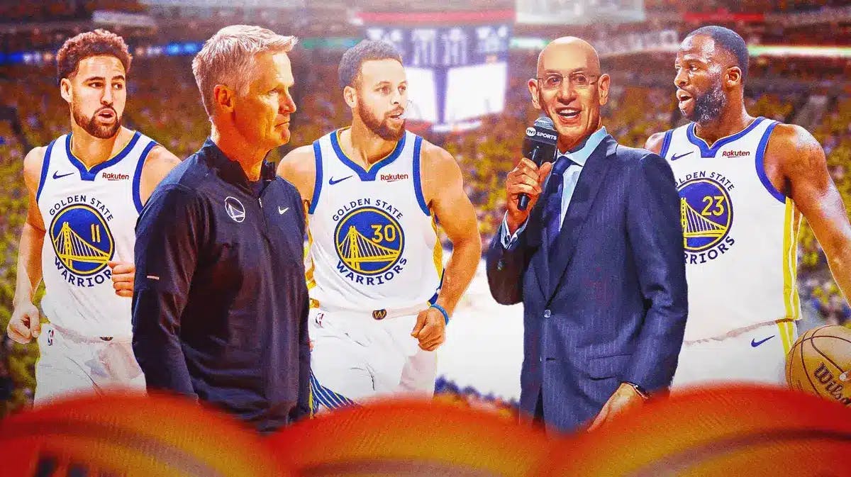 Draymond Green with Steve Kerr, Stephen Curry, Klay Thompson and Adam Silver
