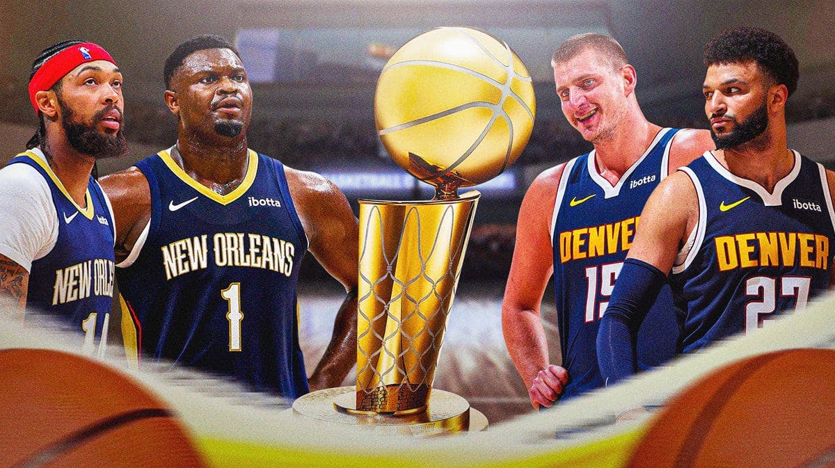 Larry O’Brien trophy in the middle, with Pelicans' Brandon Ingram and Zion Williamson reaching for the trophy on the left and Nuggets' Nikola Jokic and Jamal Murray reaching on the right