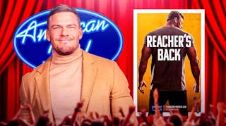Alan Ritchson with American Idol logo and Reacher poster.