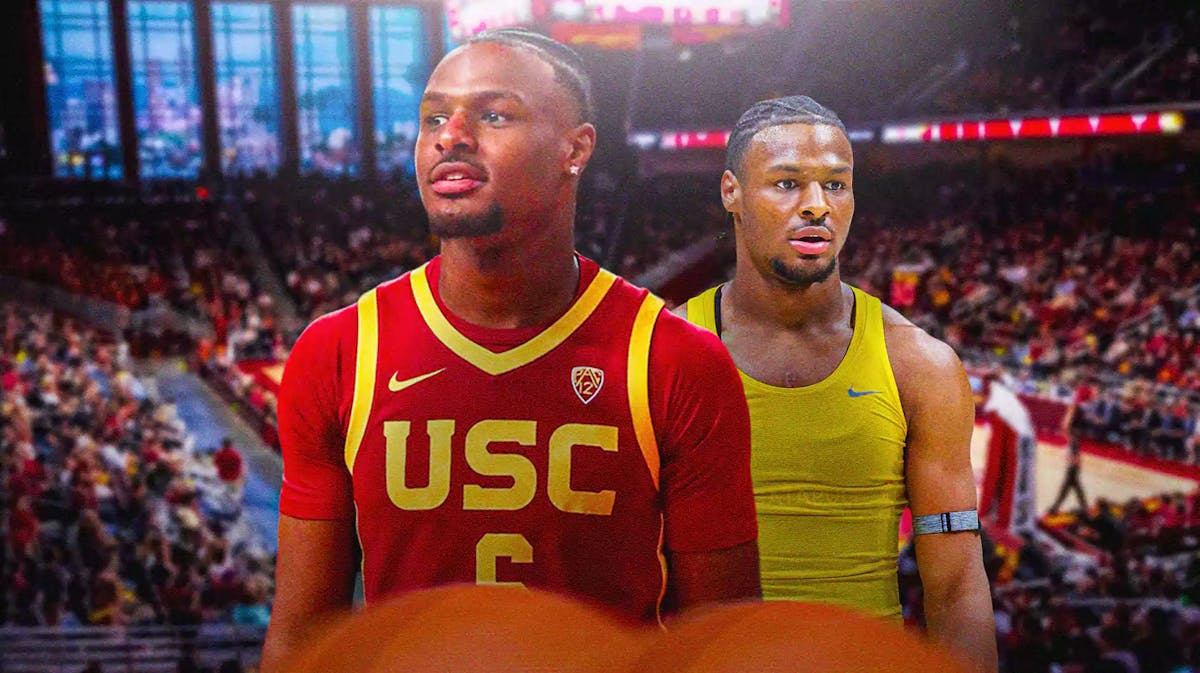USC basketball, Trojans, Bronny James, Bronny James USC, Bronny James debut, Bronny James in USC uni with USC basketball arena in the background