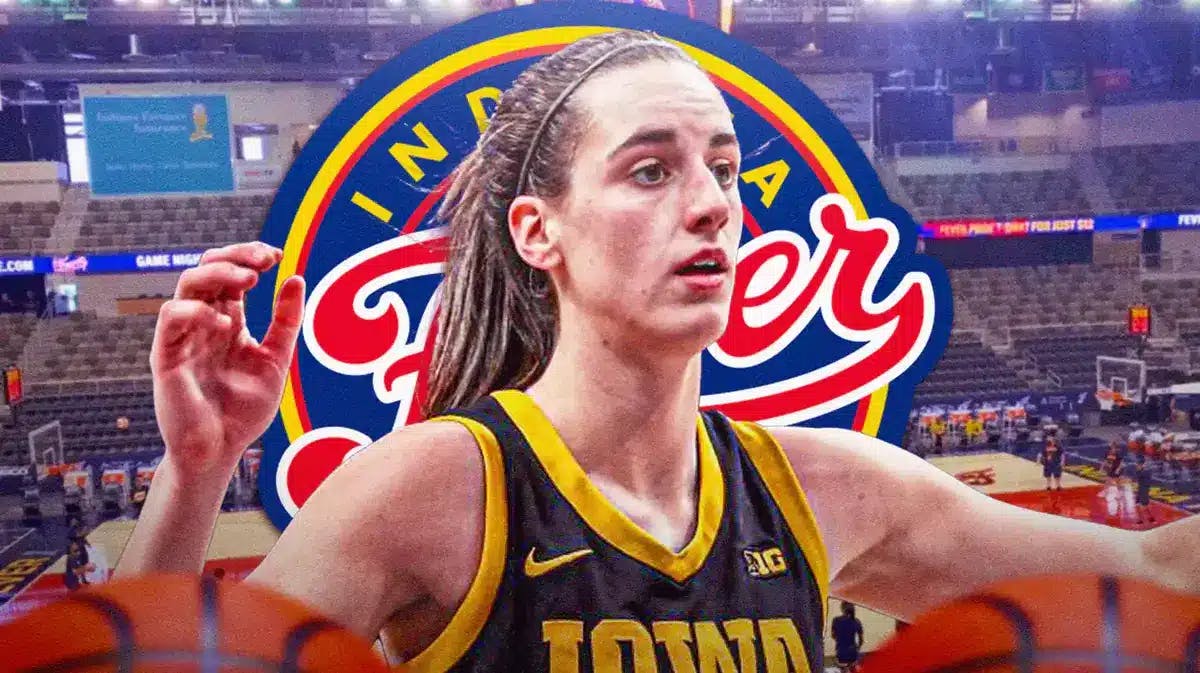 Iowa women’s basketball player Caitlin Clark, with the Indiana Fever logo