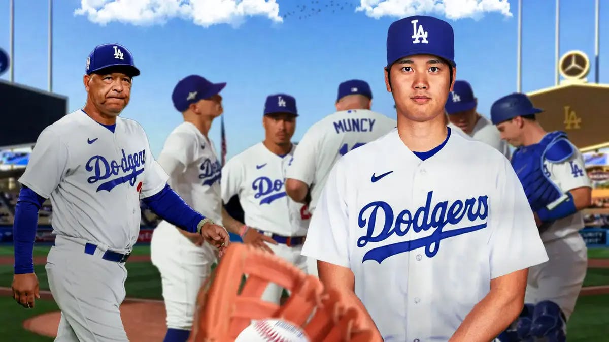 Shohei Ohtani with Dave Roberts in the background for the Dodgers