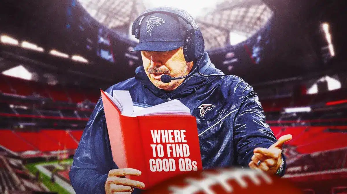 Arthur Smith for the Falcons reading a book "Where to find good Qb's?"