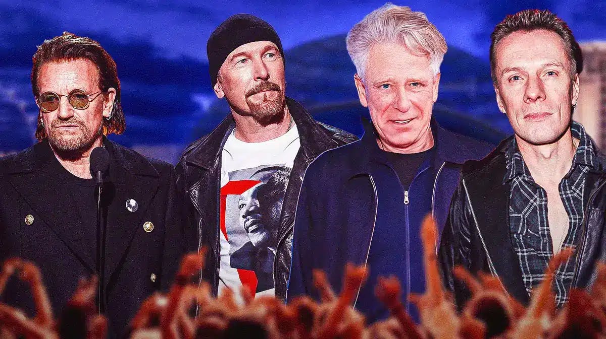 U2 members Bono, The Edge, Adam Clayton, and Larry Mullen Jr. with Sphere background.