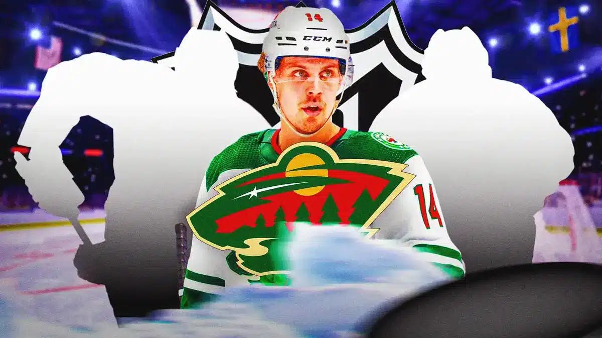 Joel Eriksson Ek in middle of image looking happy, two silhouetted Minnesota Wild players on either side, Wild logo in image, 2024 NHL All-Star Game logo, hockey rink in background