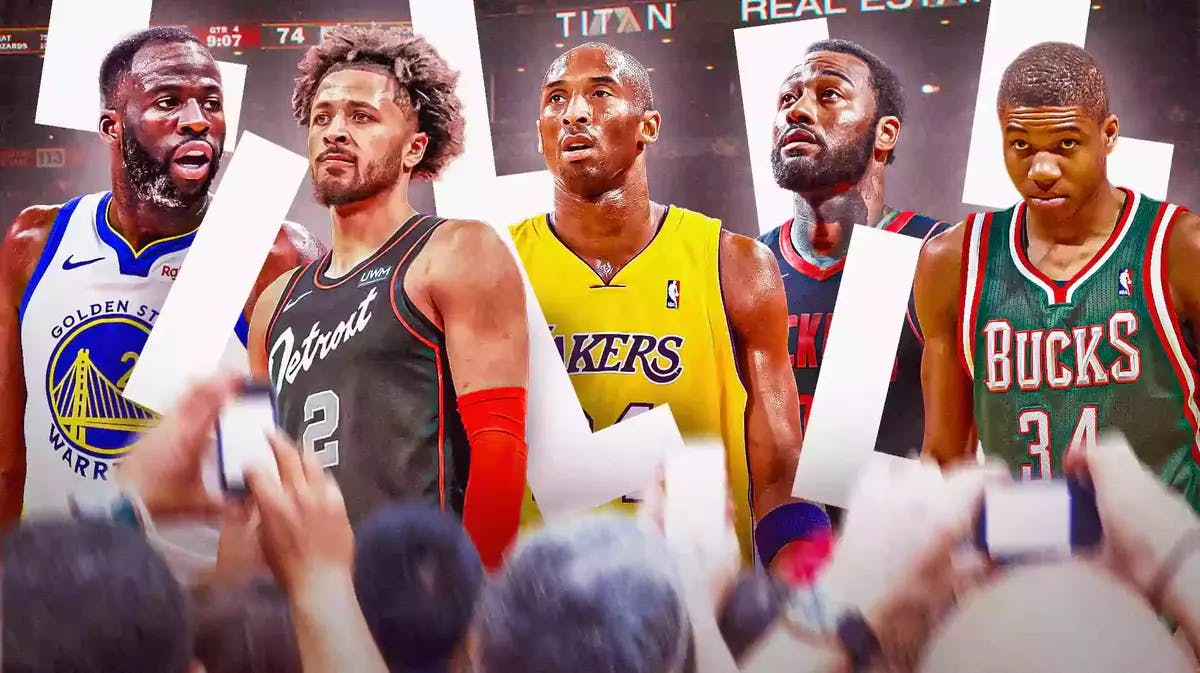 Draymond Green (Warriors), Cade Cunninham (Pistons), Kobe Bryant (Lakers), John Wall (Rockets), a young Giannis Antetokounmpo (Bucks) all together with multiple Red “L” all over the graphic.