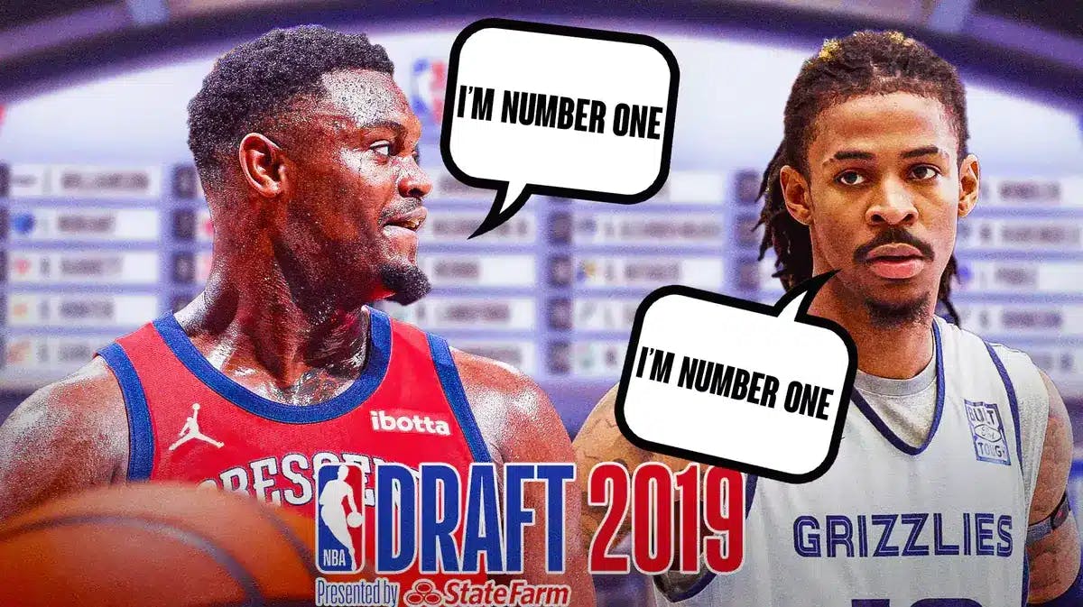 Zion Williamson and Ja Morant with text bubbles saying "Im number one." NBA Draft 2019 logo and draft board.