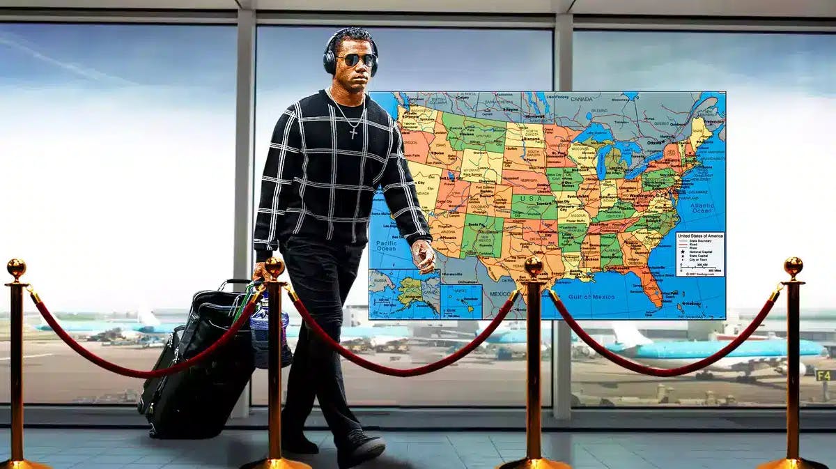 Russell Wilson with a suitcase in an airport and map behind him