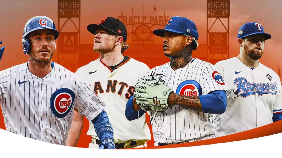 Giants' logo background. Cubs' Cody Bellinger, Giants' Logan Webb, Cubs' Marcus Stroman, Rangers' Jordan Montgomery in image.