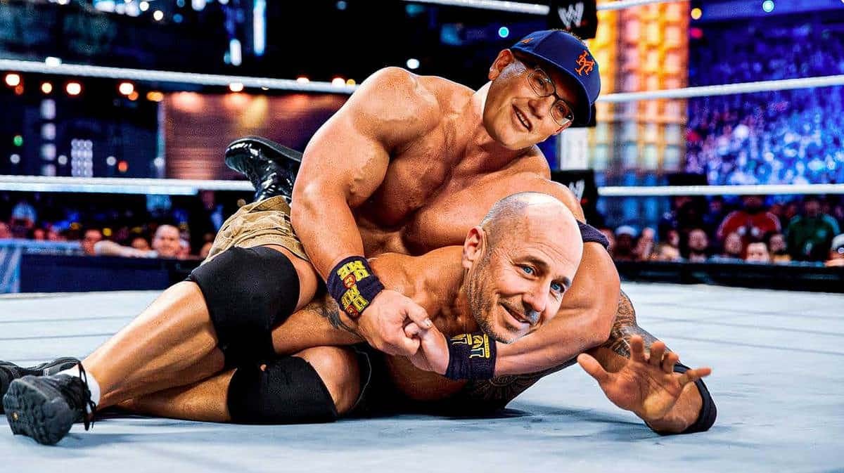 Brian Cashman of the Yankees and Mets owner Steve Cohen as these wrestlers