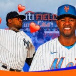 Luis Severino in a Mets uni on the right, with a picture of him pitching in a Yankees uniform on the left with hearts all over