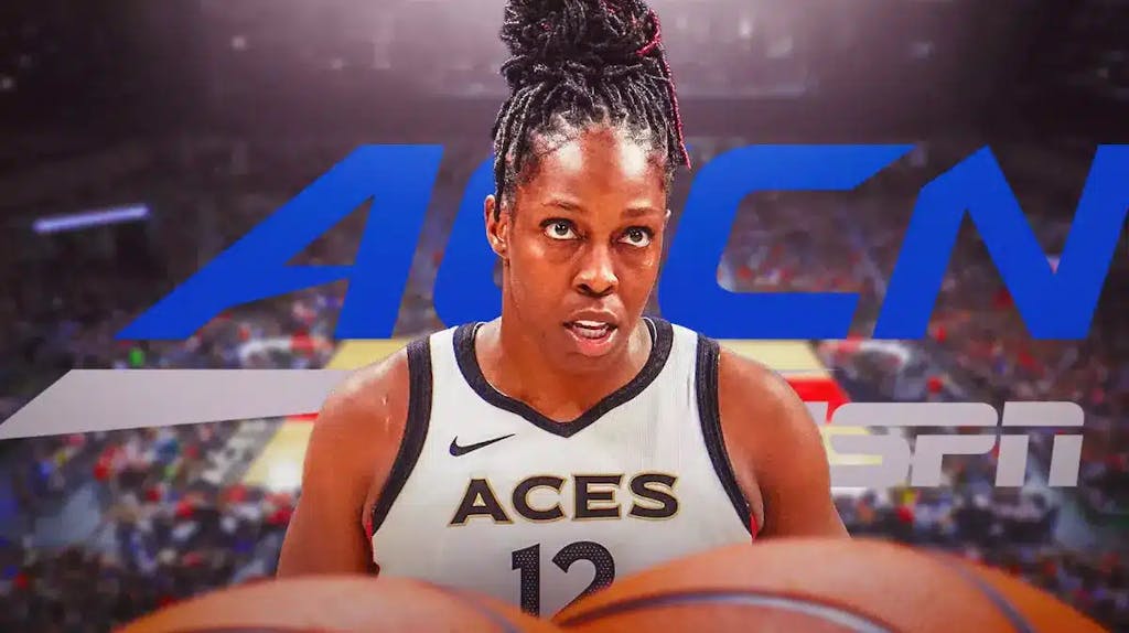 Las Vegas Aces player Chelsea Gray in front of the ACCN/ESPN logo
