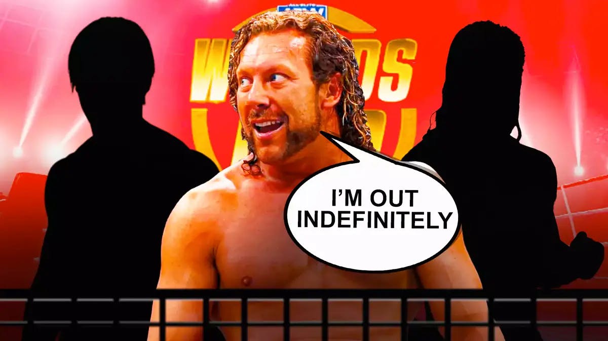 Kenny Omega with a text bubble reading “I’m out indefinitely” with the blacked-out silhouette of Kota Ibushi on his left and the blacked-out silhouette of Dolph Ziggler on his right with the AEW Worlds End logo as the background.