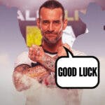 CM Punk with the blacked-out silhouette of Thunder Rosa on his left and the blacked-out silhouette of Jim Ross on his right with a text bubble reading “Good luck” with the AEW logo as the background.