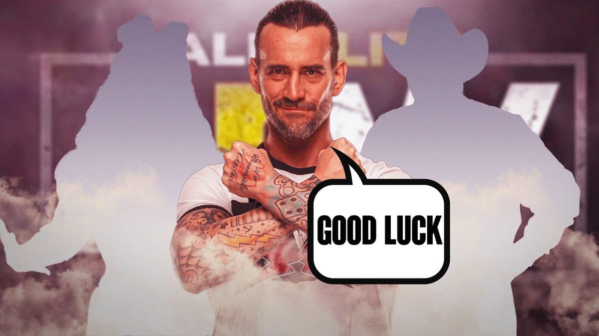 CM Punk with the blacked-out silhouette of Thunder Rosa on his left and the blacked-out silhouette of Jim Ross on his right with a text bubble reading “Good luck” with the AEW logo as the background.