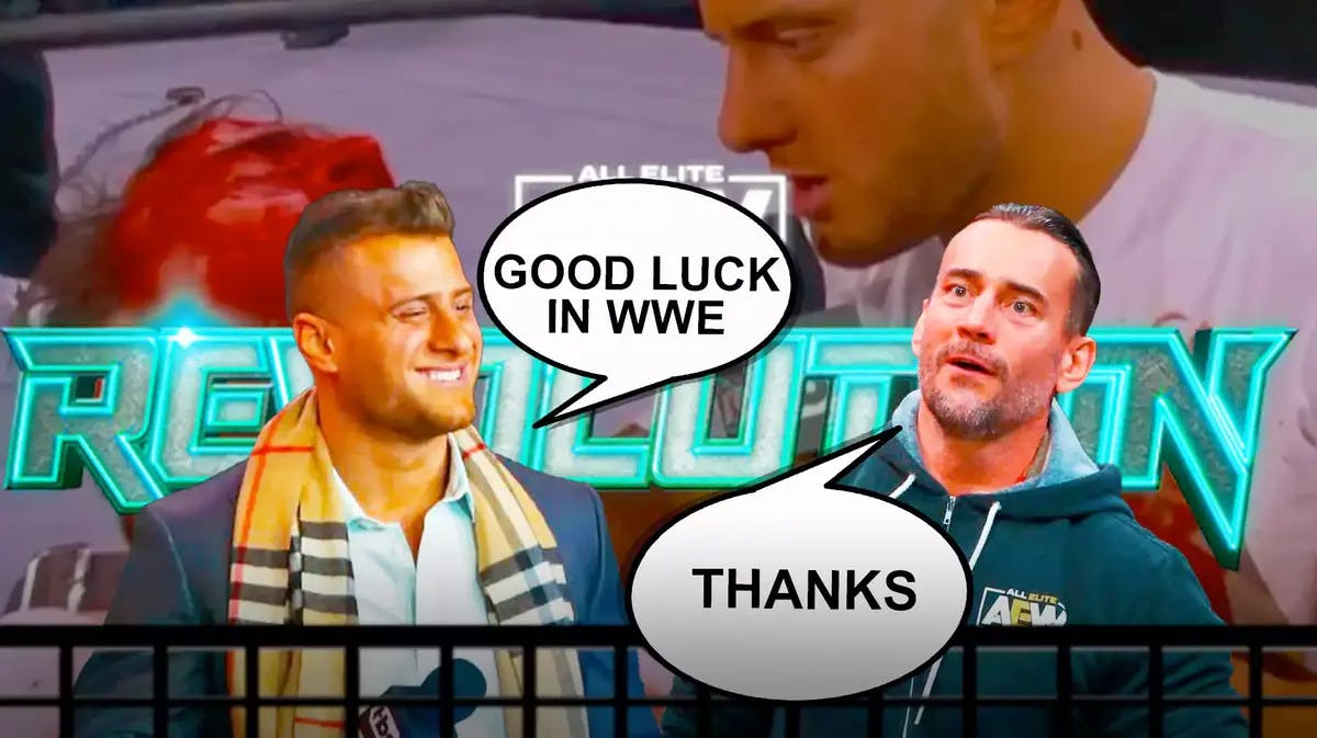 MJF with a text bubble reading “Good luck in WWE” next to CM Punk with a text bubble reading “Thanks” with the AEW Revolution 2022 logo as the background.