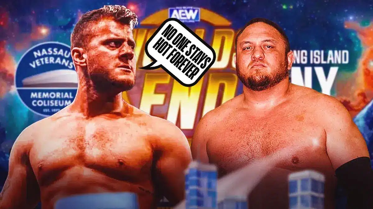 MJF with a text bubble reading “No one stays hot forever” next to Samoa Joe with the AEW Worlds End graphic as the background.
