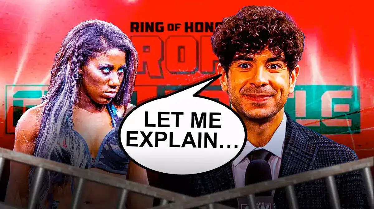 Tony Khan with a text bubble reading “Let me explain…” next to AEW’s Athena with the 2023 Ring of Honor Final Battle logo as the background.