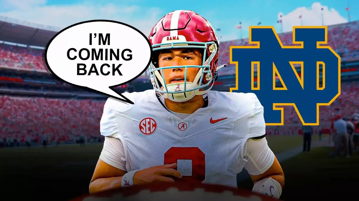 Tyler Buchner in an Alabama football uniform saying “I’m coming back” with the Notre Dame logo near him